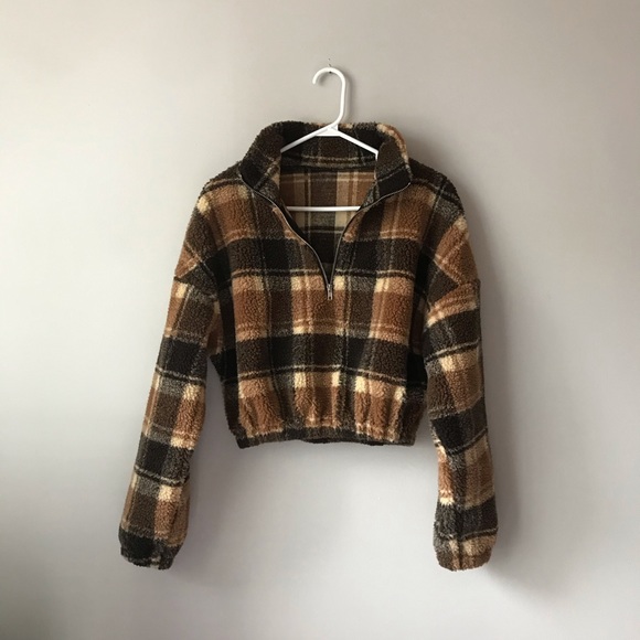 Zaful Tops - Plaid cropped quarter zip sweater jacket